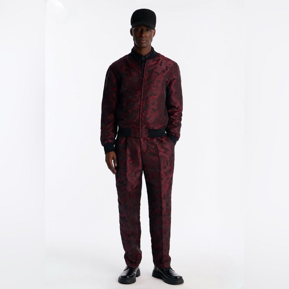 Men’s 46R 38X32 red jacquard suit with bomber jacket and pleated pants / NEW